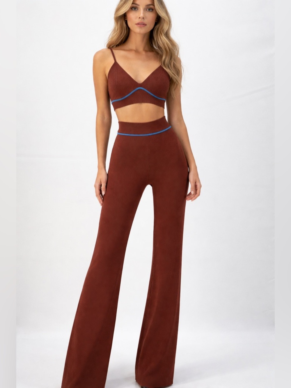 Silvian Heach Ribbed Knit Two-Piece Set Crop Top -High-Waisted Bell Bottom Pants